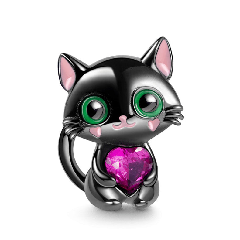 Black Cat With Pink Heart Charm
