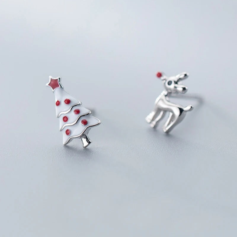Deer & Christmas Tree Stud Earrings925 Sterling Silver