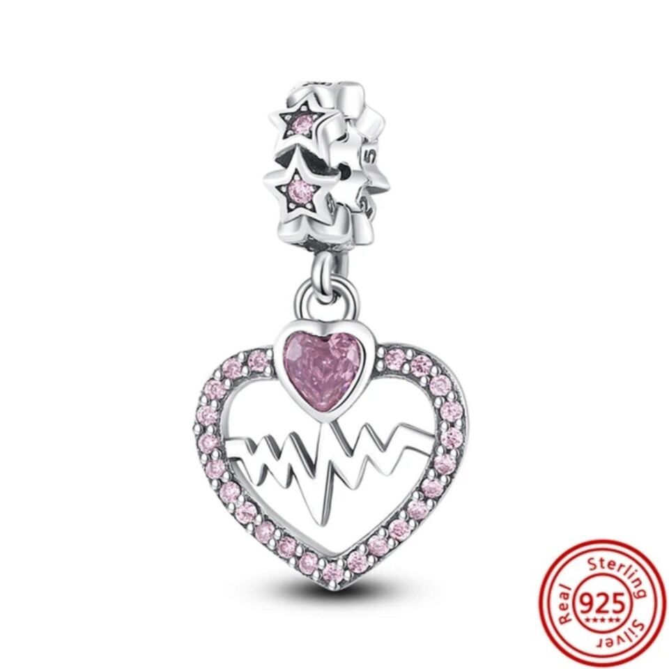 Pink Zirconia Heartbeat Dangle Charm