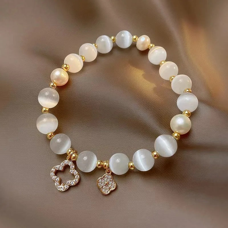 Crystal Bead Bracelet with Leaf Clover Pendant