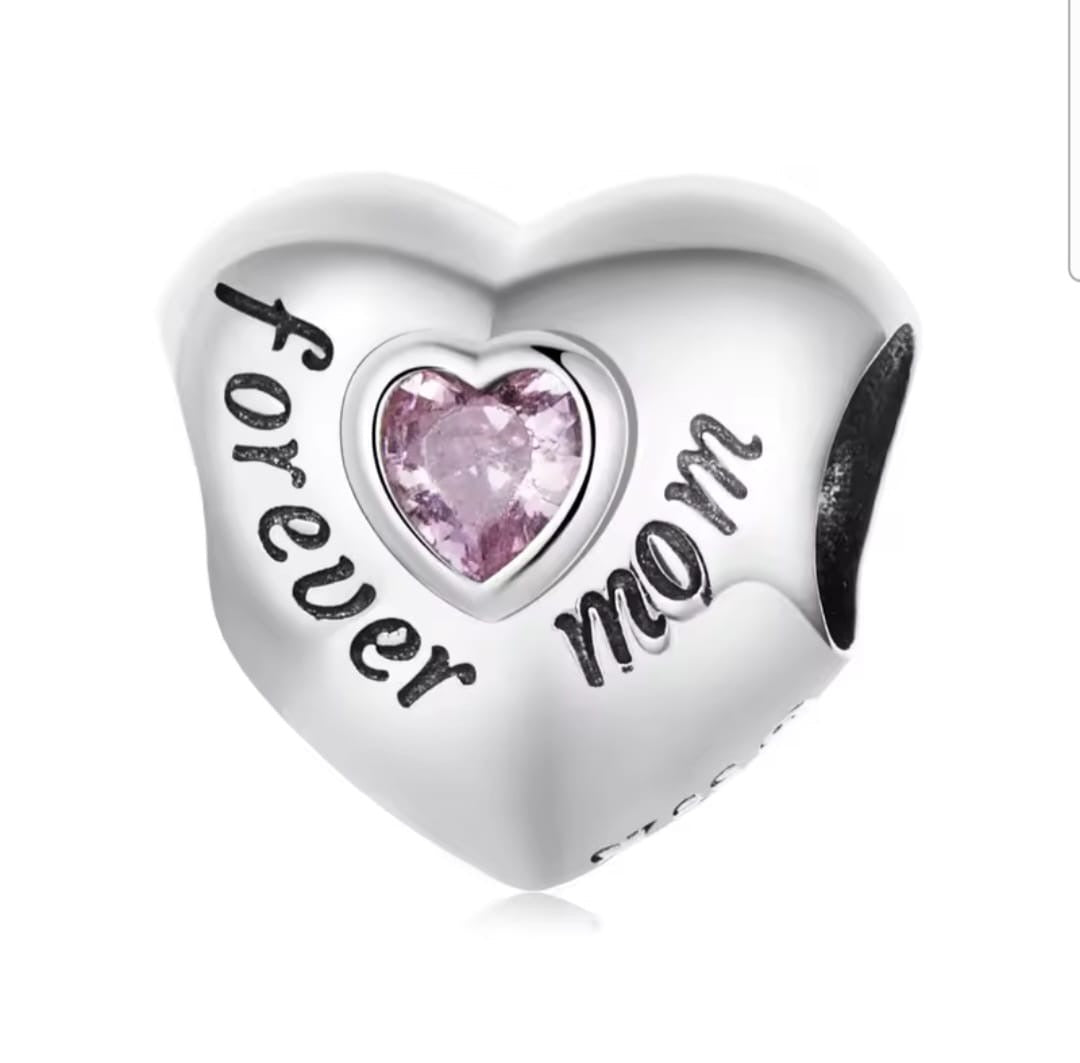 Silver Forever Mom heart charm with pink crystal center for charm bracelet gift