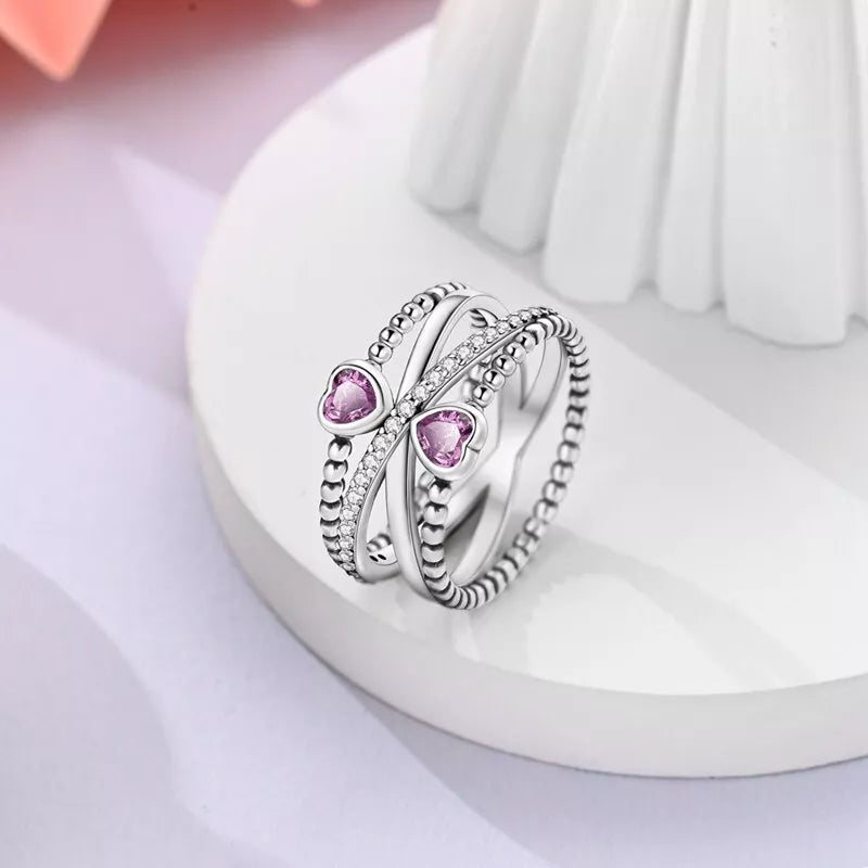 Crossover Ring With Cubic Zirconia Pink Hearts