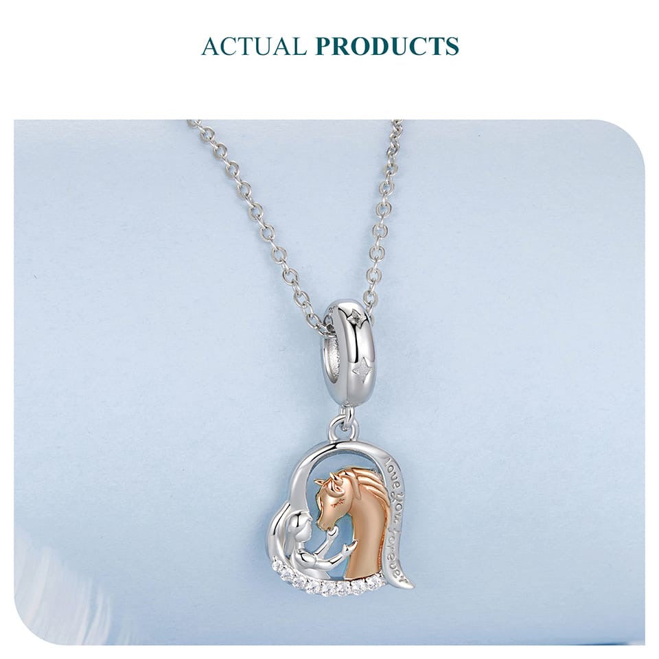 Sterling silver and rose gold girl and horse heart dangle charm with “Love You Forever” engraving 925 equestrian bead