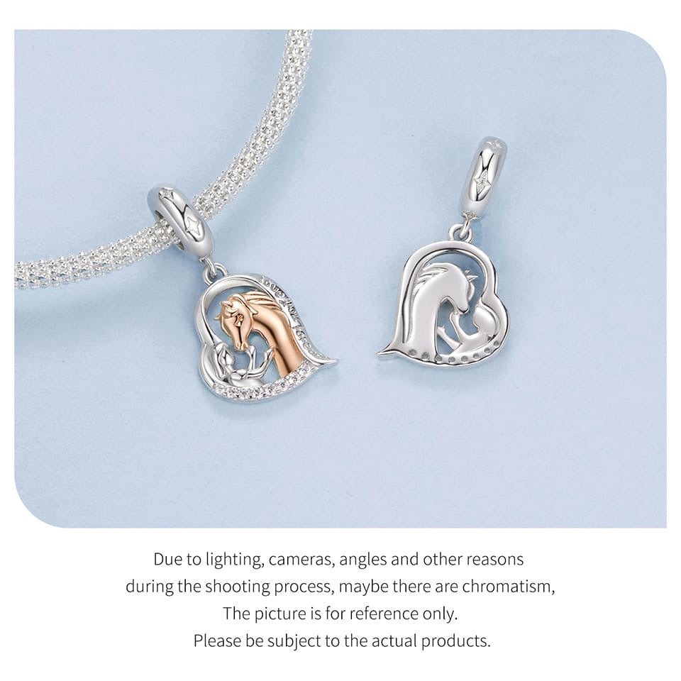 Sterling silver and rose gold girl and horse heart dangle charm with “Love You Forever” engraving 925 equestrian bead