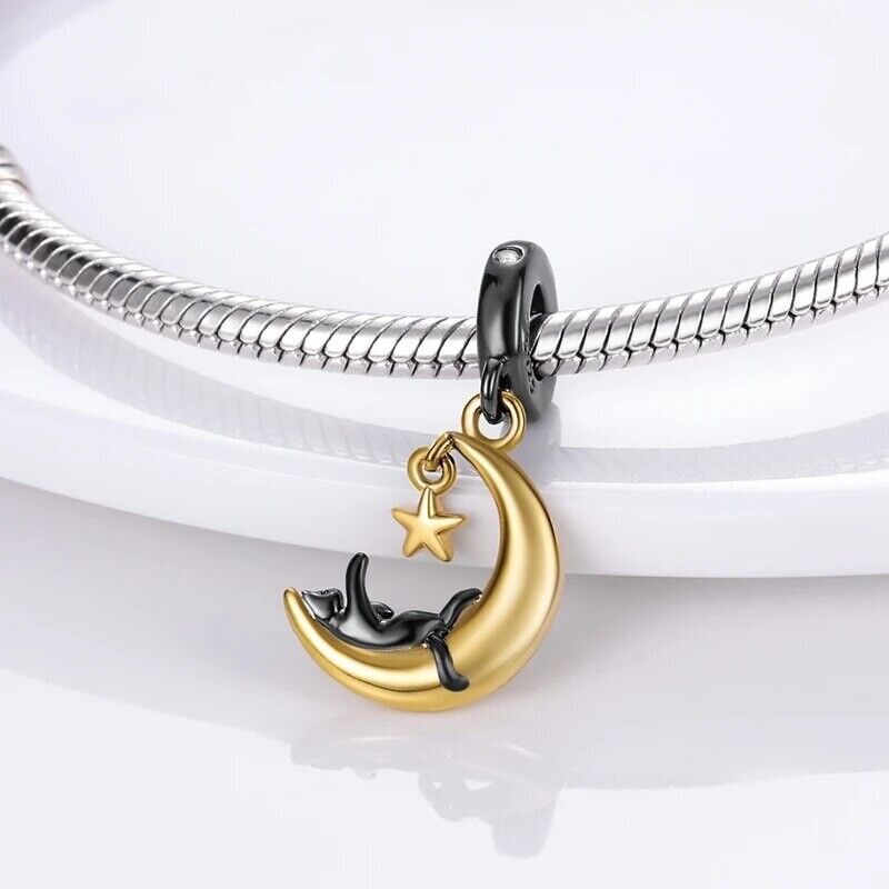 Black Cat Playing with Star on The Moon Charm