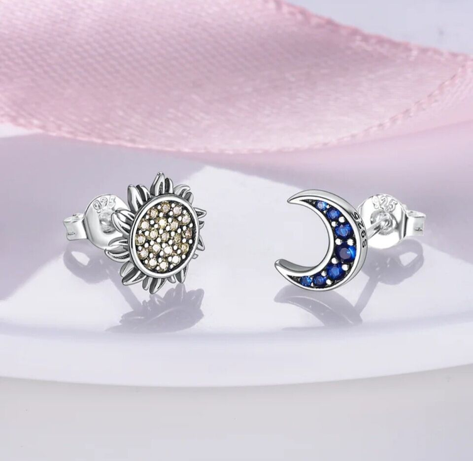 Stud Earrings Blue Zirconia Moon & Yellow Sun