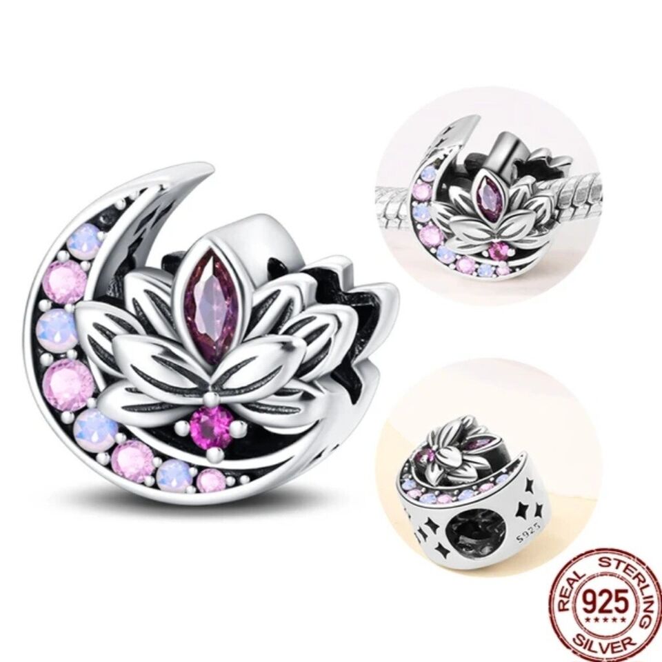 Lotus Flower With Pink Zirconia Moon Charm