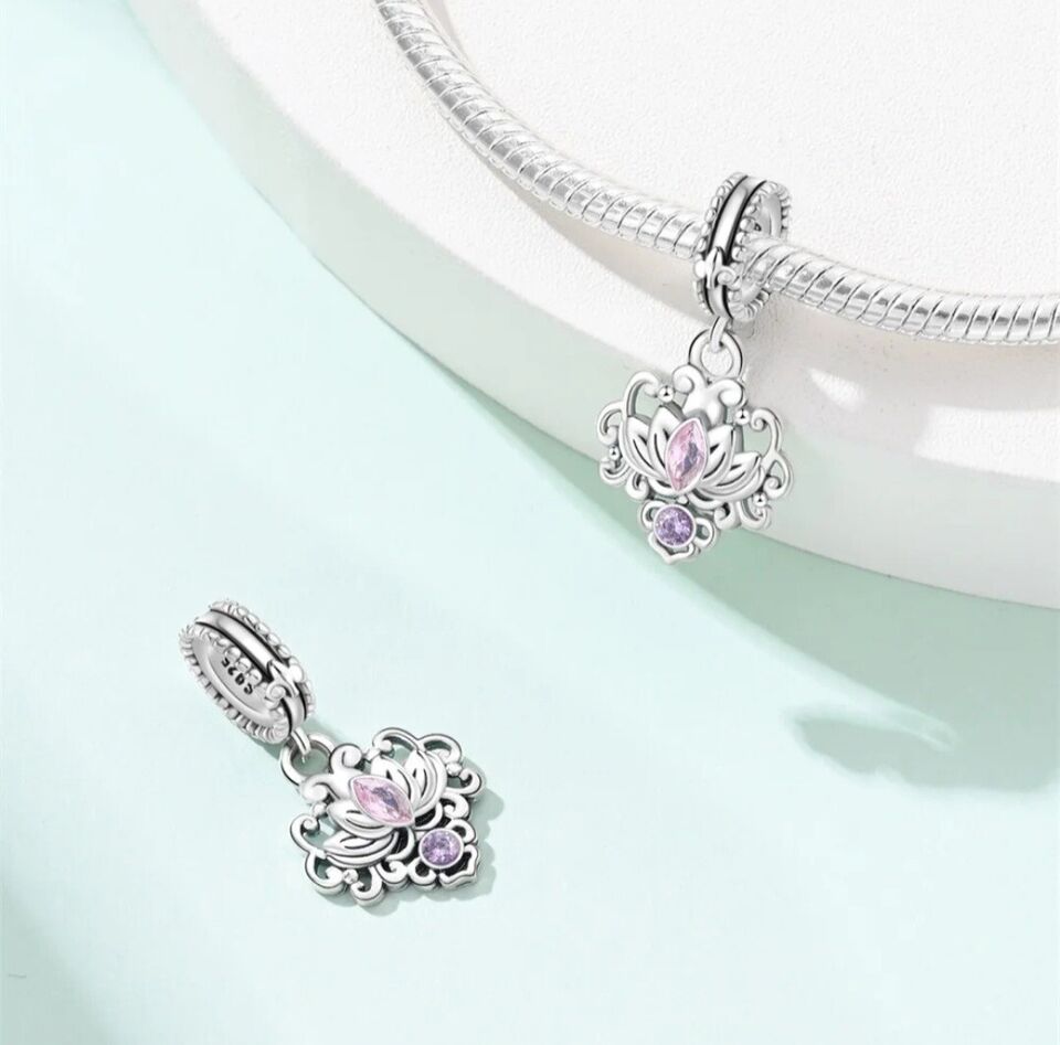 Lotus Flower With Pink Zirconia Dangle Charm