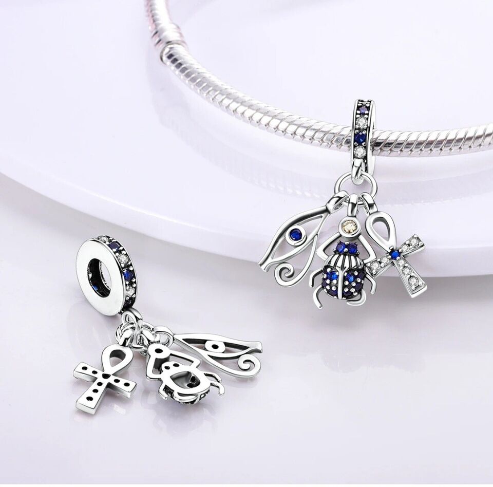 Blue Zircon Scarab Cross & Evil Eye Dangle Charm