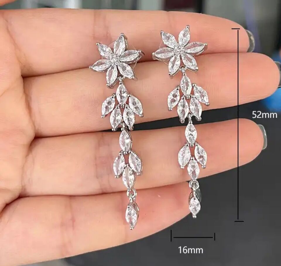 Cluster Flower Shape Cubic Zirconia Long Dangle Drop Earrings