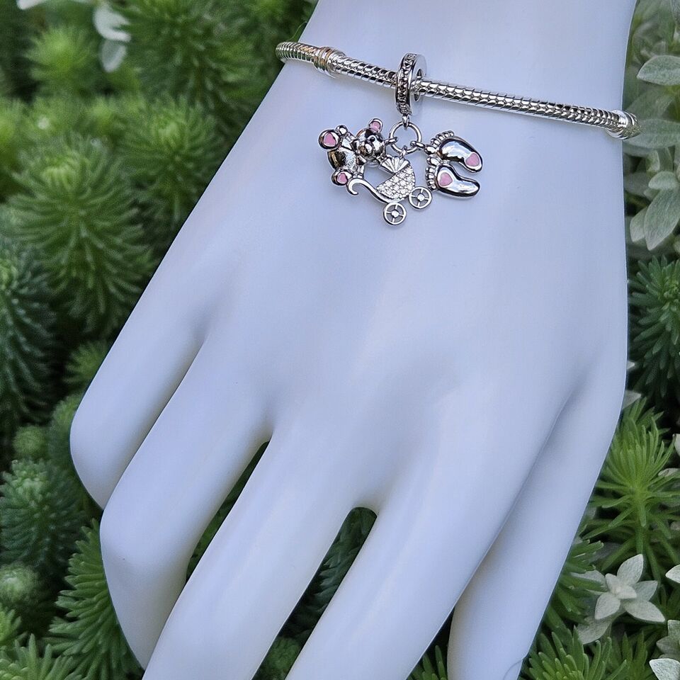 Baby Feet Pram & Teddy Bear Dangle Charm