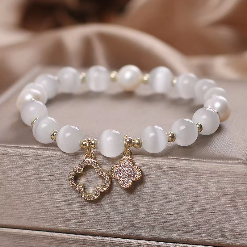 Crystal Bead Bracelet with Leaf Clover Pendant