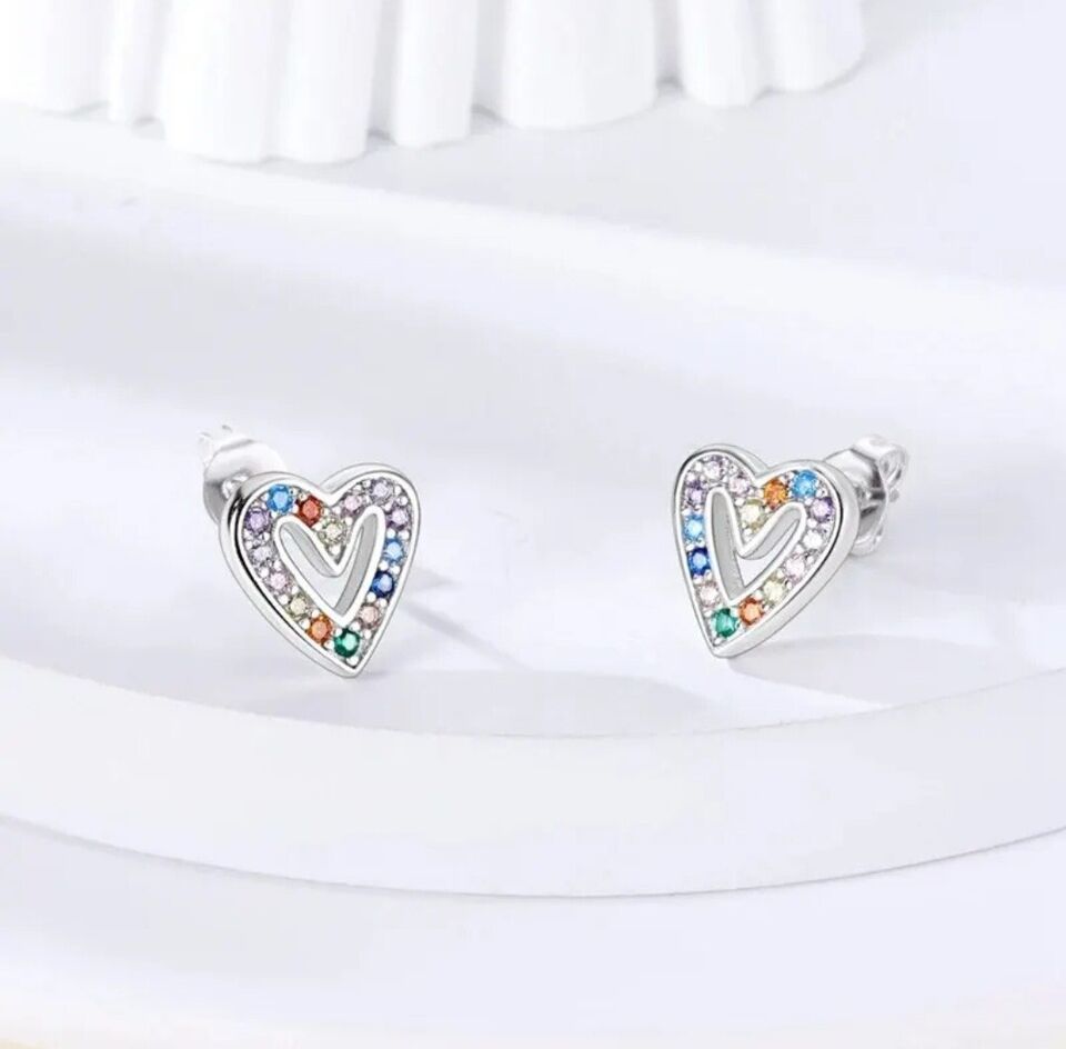 Stud Earrings Hearts With Multicoloured Zirconia