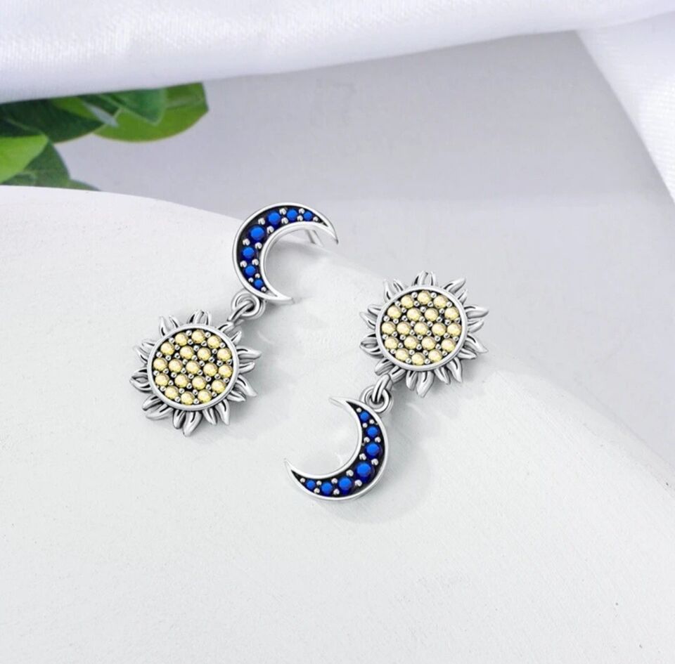Dangle Earrings Blue Zirconia Moon & Yellow Sun
