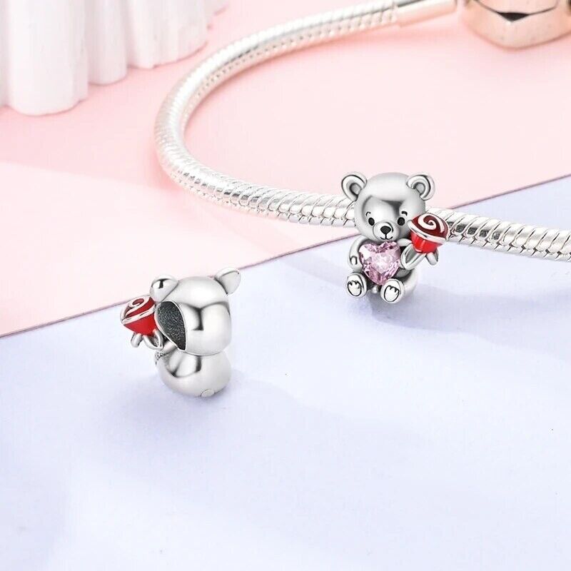 Cute Teddy Bear hold Pink Heart and Rose Flower Charm