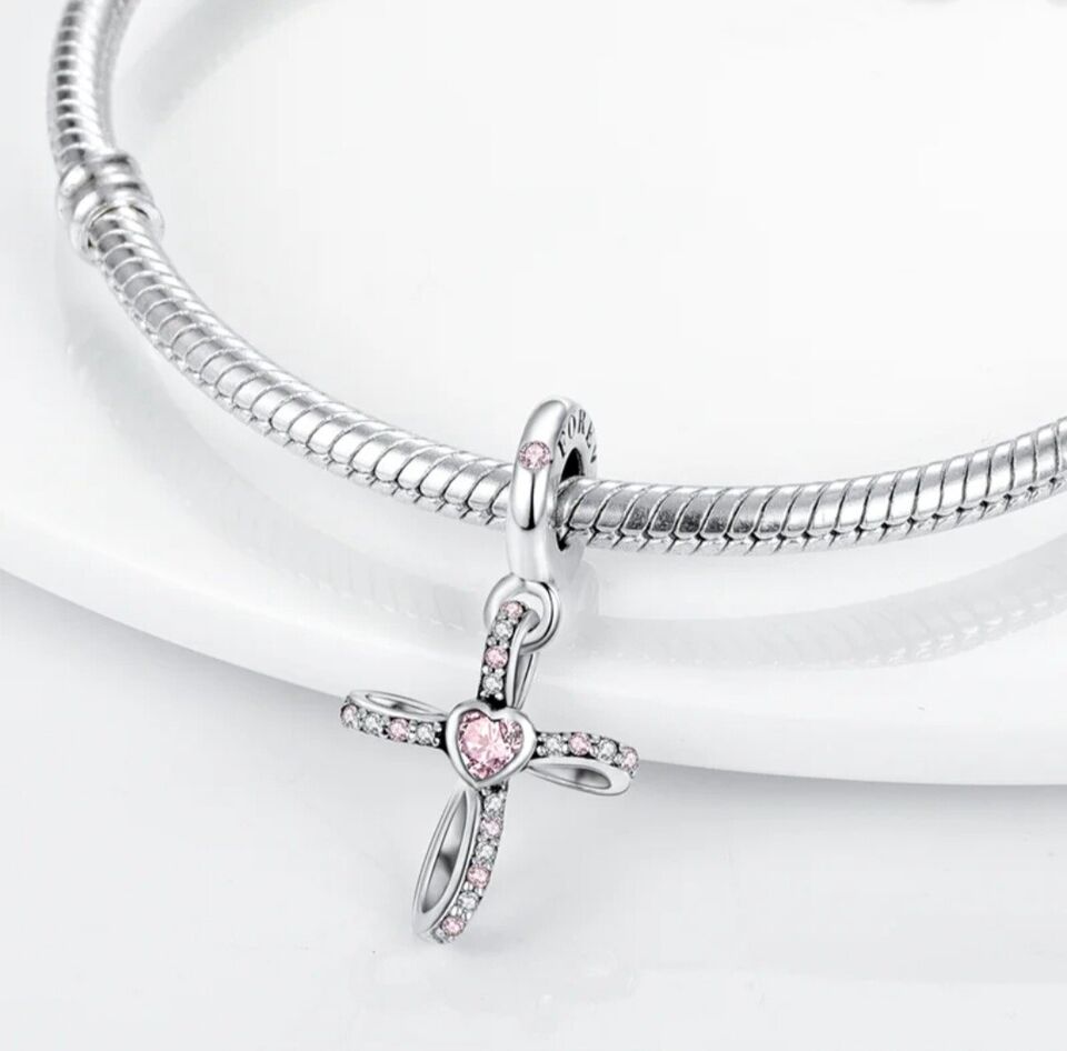 Cross With Pink Zirconia Heart Dangle Charm