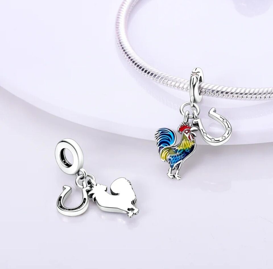 Colourful Rooster & Lucky Horseshoe Charm