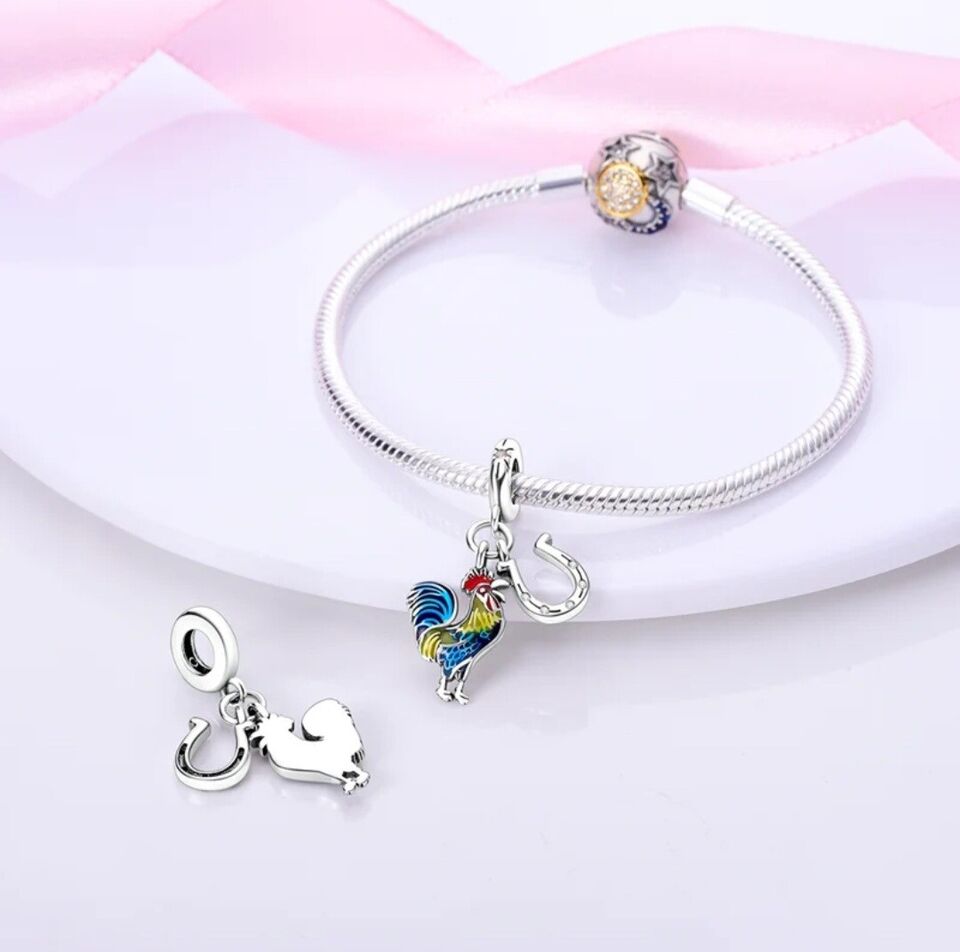 Colourful Rooster & Lucky Horseshoe Charm