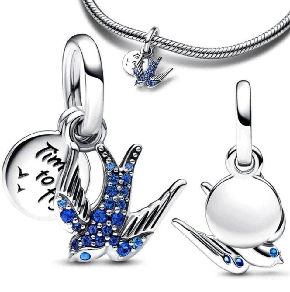 Sparkling Blue Zirconia Swallow Charm