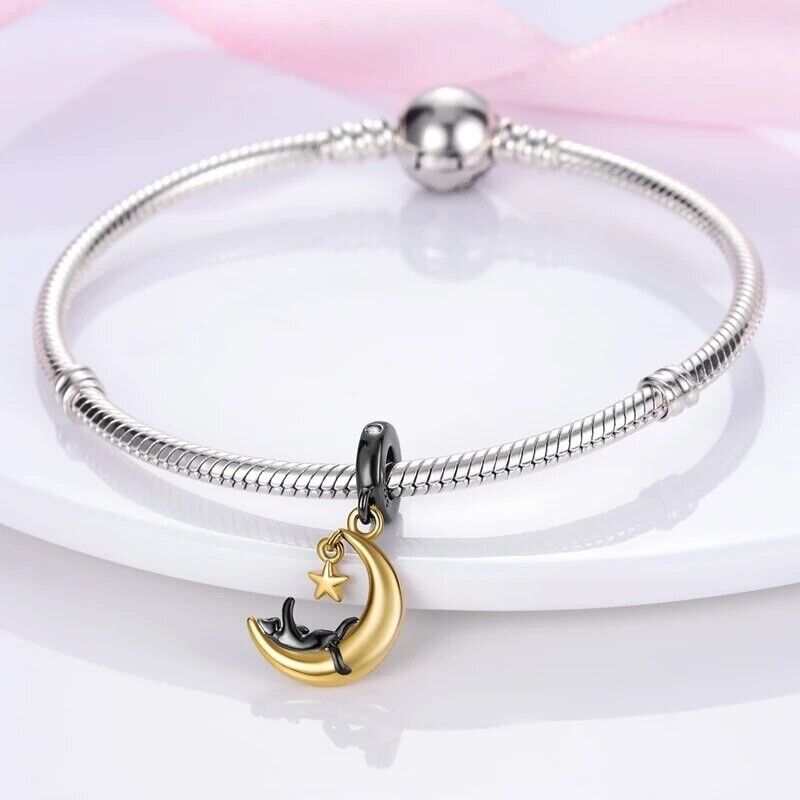 Black Cat Playing with Star on The Moon Charm