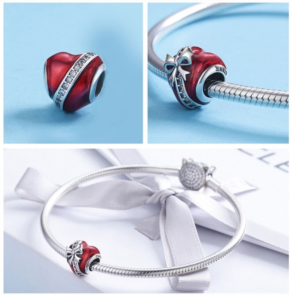Red Love Heart With Zirconia Bow Charm