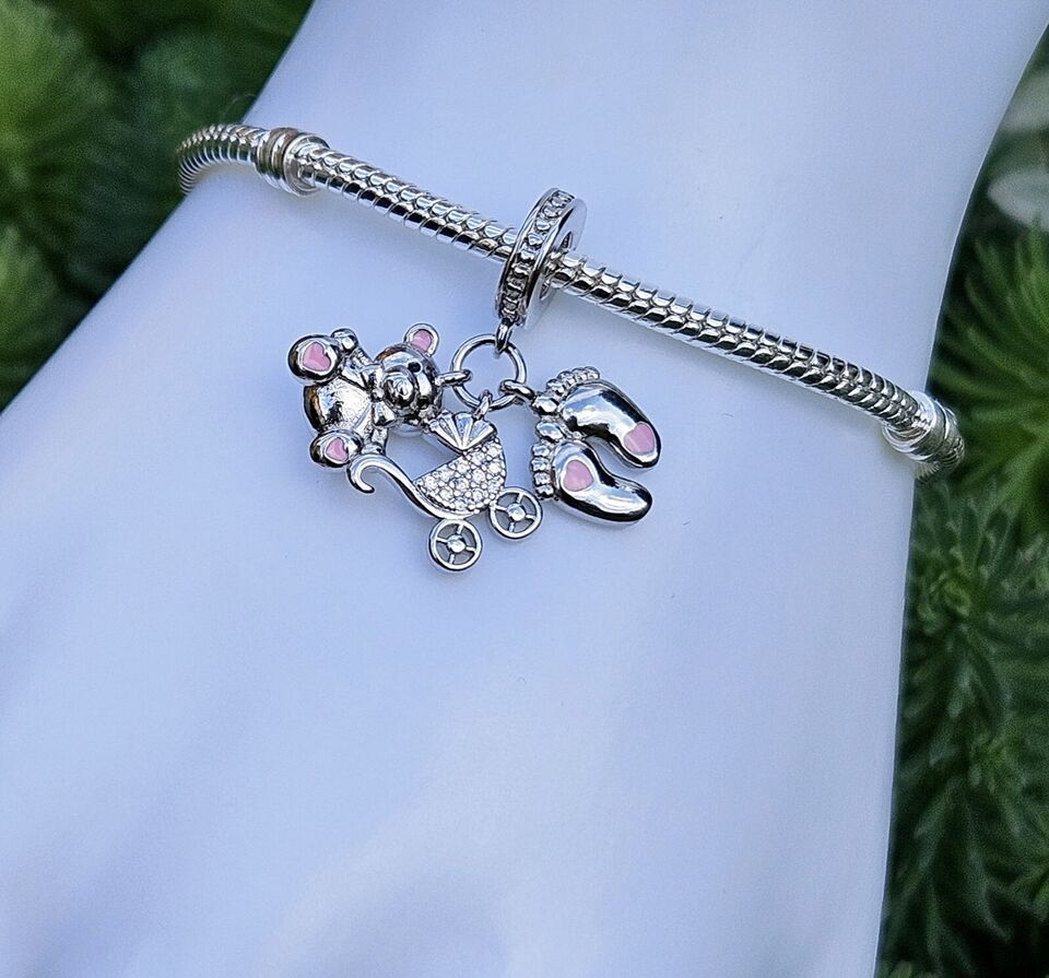 Baby Feet Pram & Teddy Bear Dangle Charm