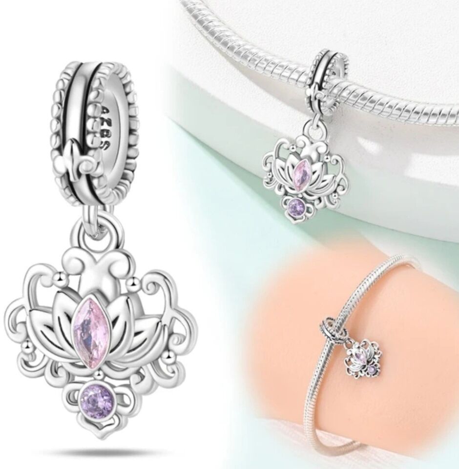 Lotus Flower With Pink Zirconia Dangle Charm
