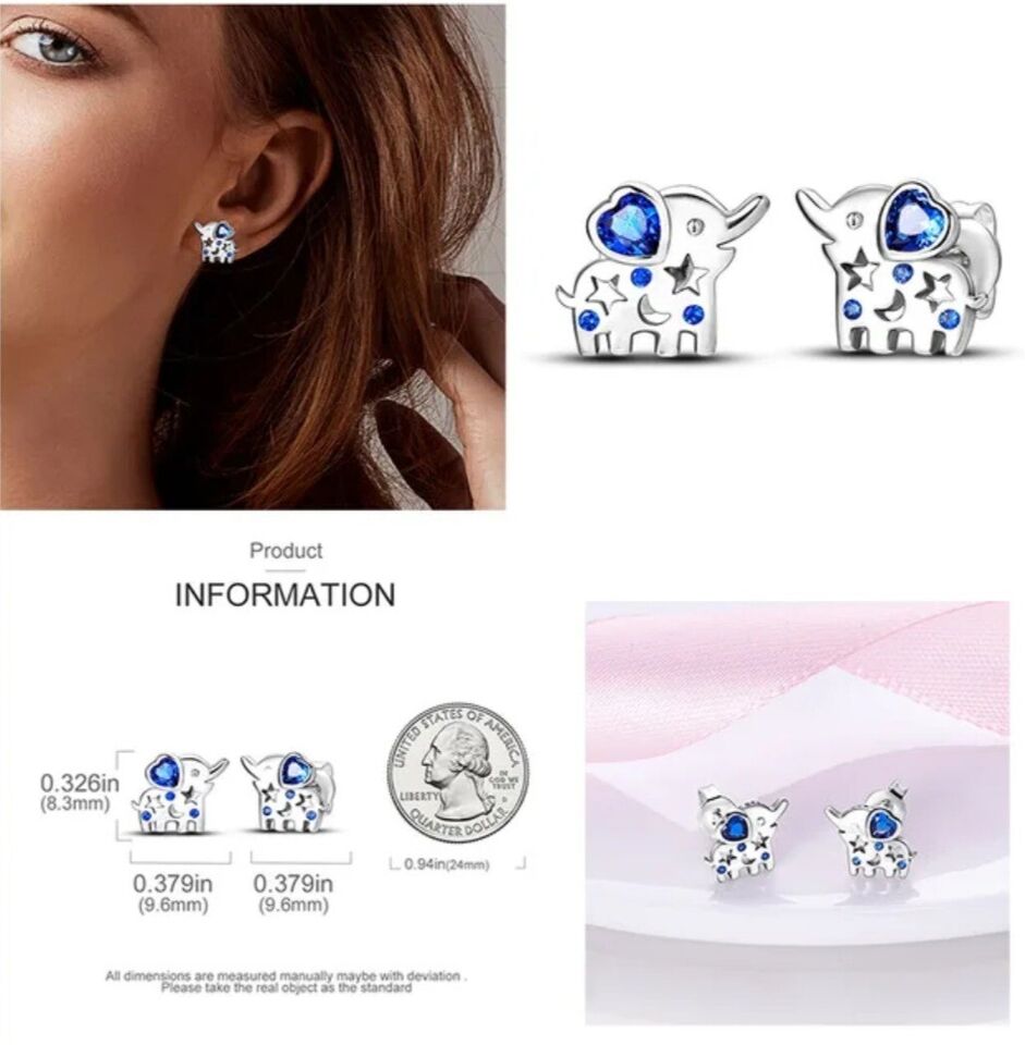 Stud Earrings Elephant With Heart Blue Zirconia