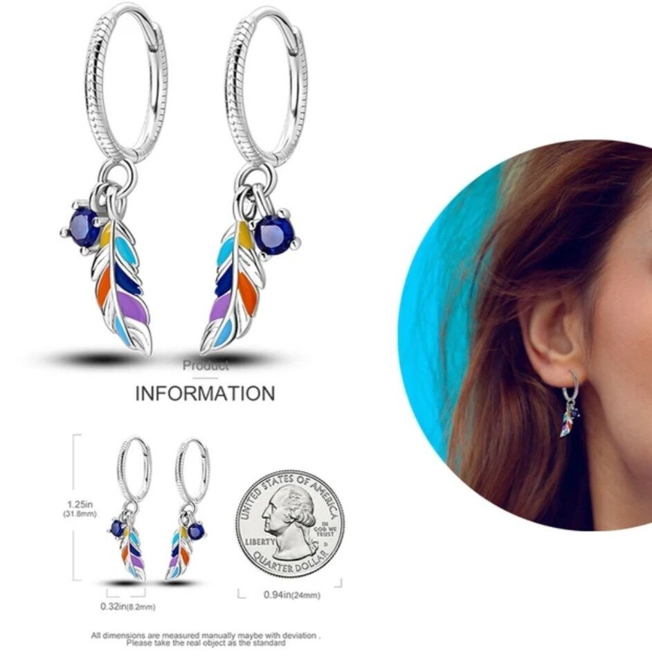 Hoop Earrings Multicoloured Dangle Feather With Blue Zirconia