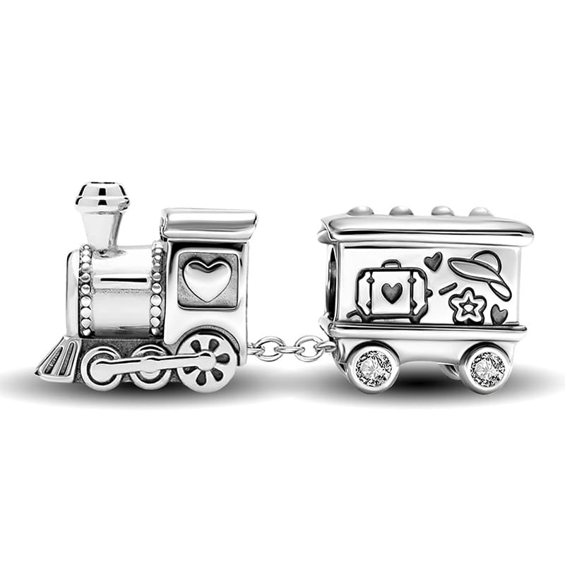 Silver travel train dangle charm with locomotive, carriage and crystal wheels