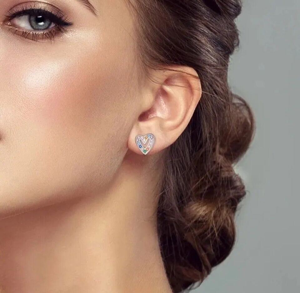 Stud Earrings Hearts With Multicoloured Zirconia