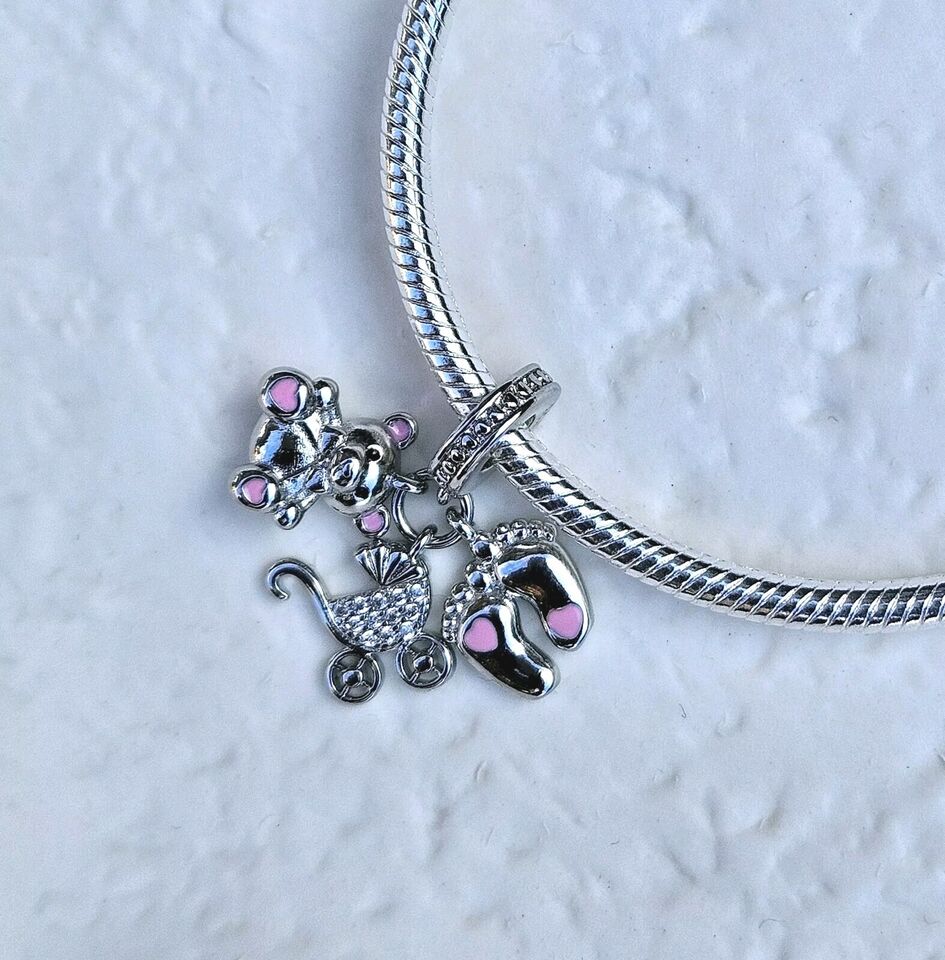 Baby Feet Pram & Teddy Bear Dangle Charm