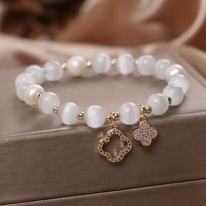 Crystal Bead Bracelet with Leaf Clover Pendant