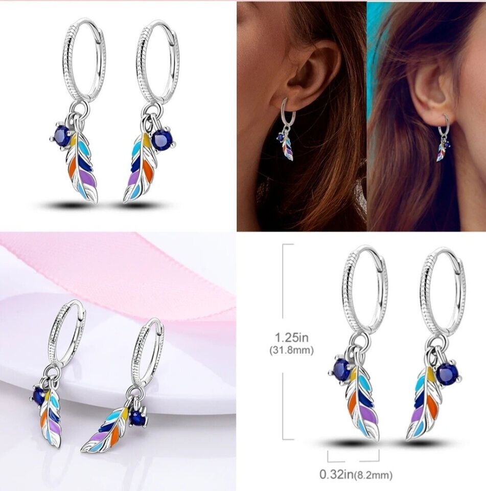 Hoop Earrings Multicoloured Dangle Feather With Blue Zirconia