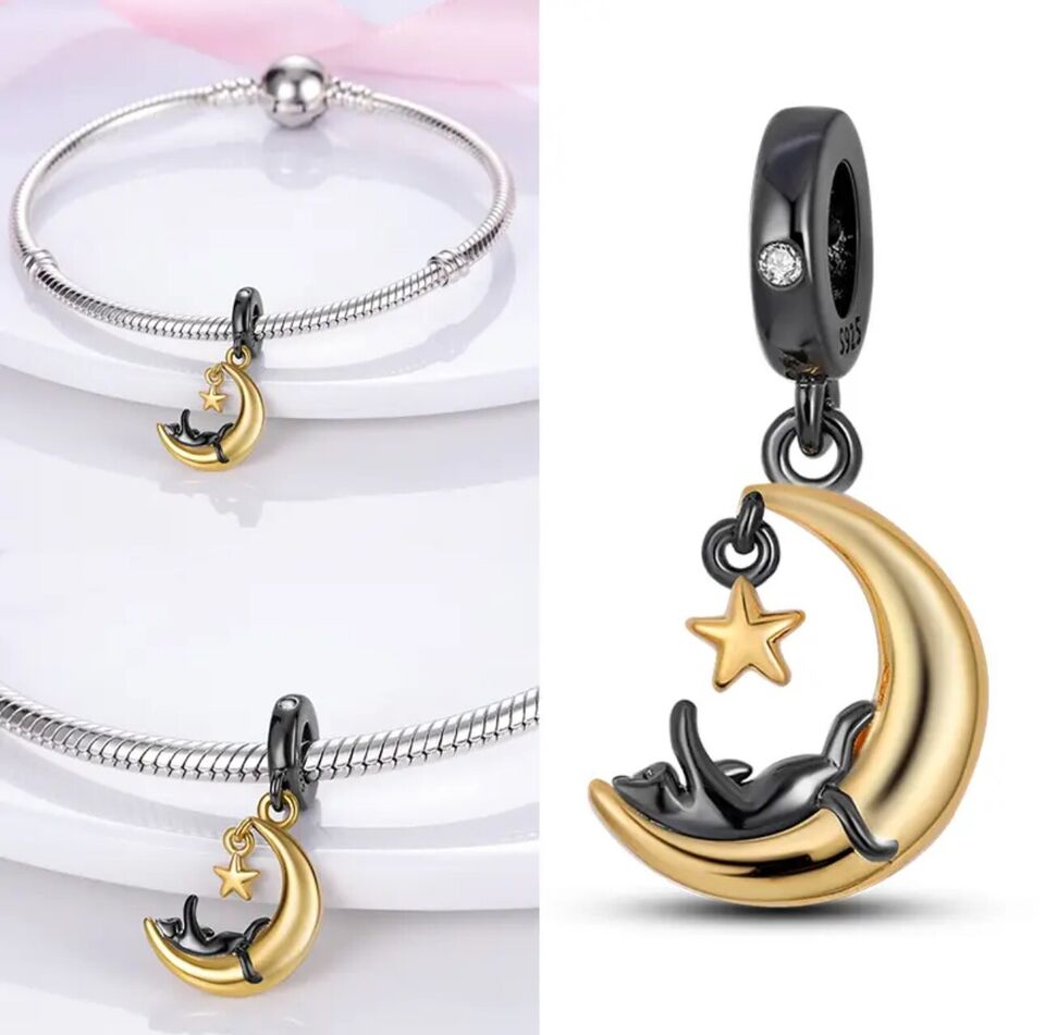 Black Cat Playing with Star on The Moon Charm