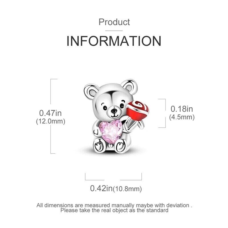 Cute Teddy Bear hold Pink Heart and Rose Flower Charm