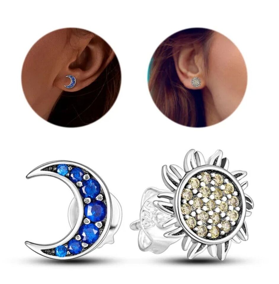 Stud Earrings Blue Zirconia Moon & Yellow Sun