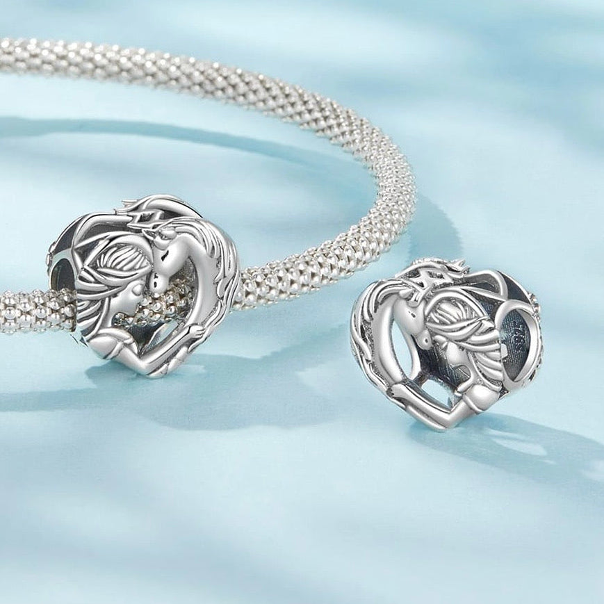 Sterling silver girl and horse heart charm equestrian love bead 925