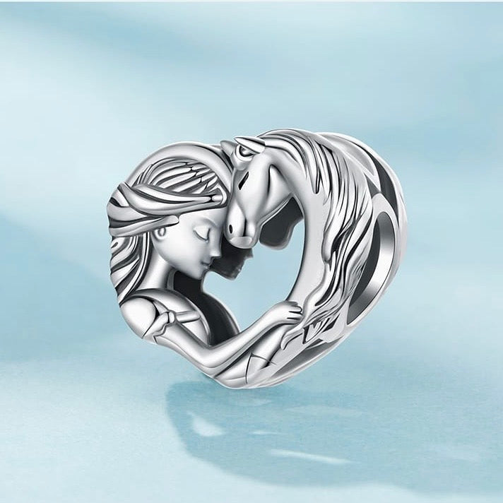 Sterling silver girl and horse heart charm equestrian love bead 925