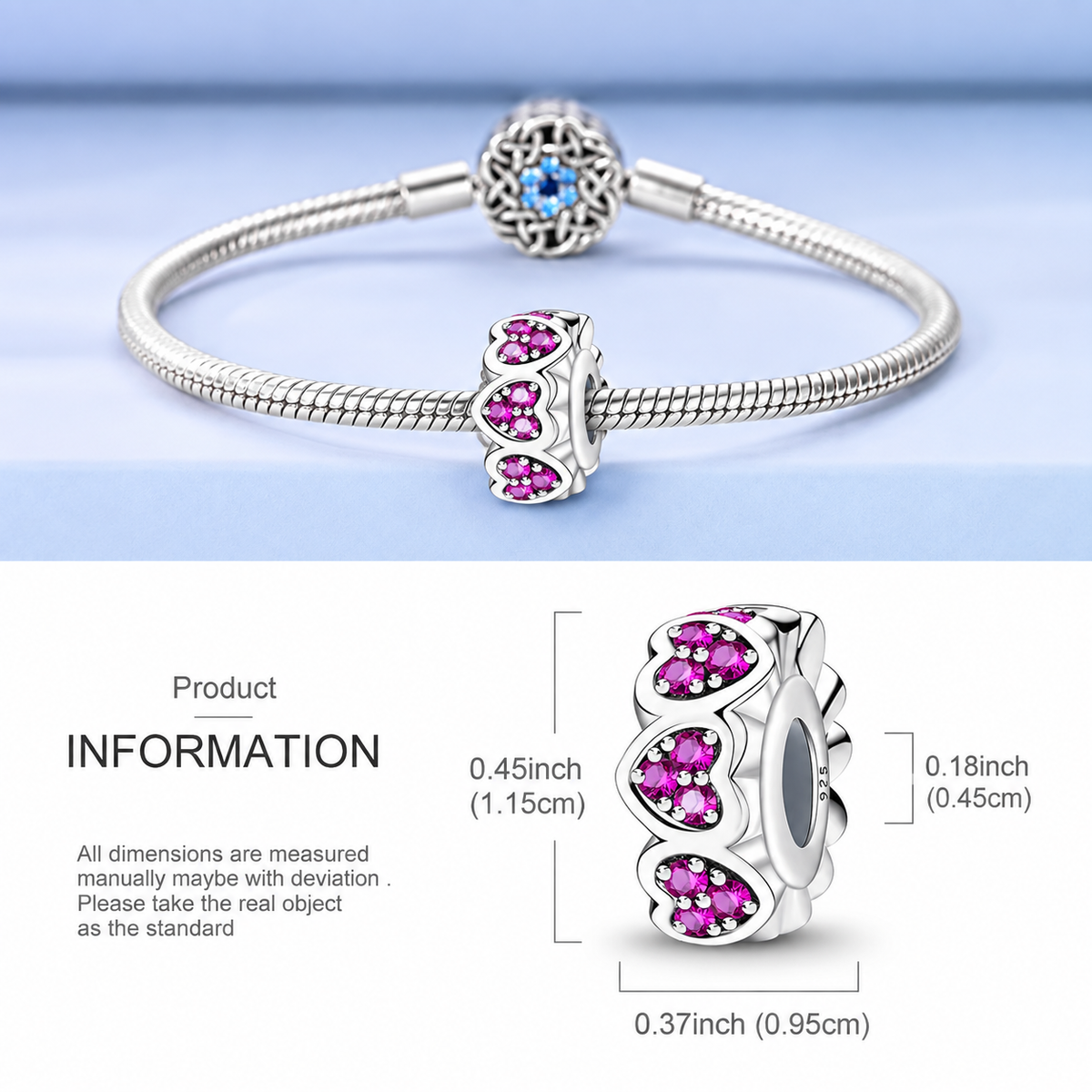 Silver snake-bangle bracelet with a decorative charm featuring pink gemstones, shown above a dimension diagram with measurements labeled in centimeters and inches.