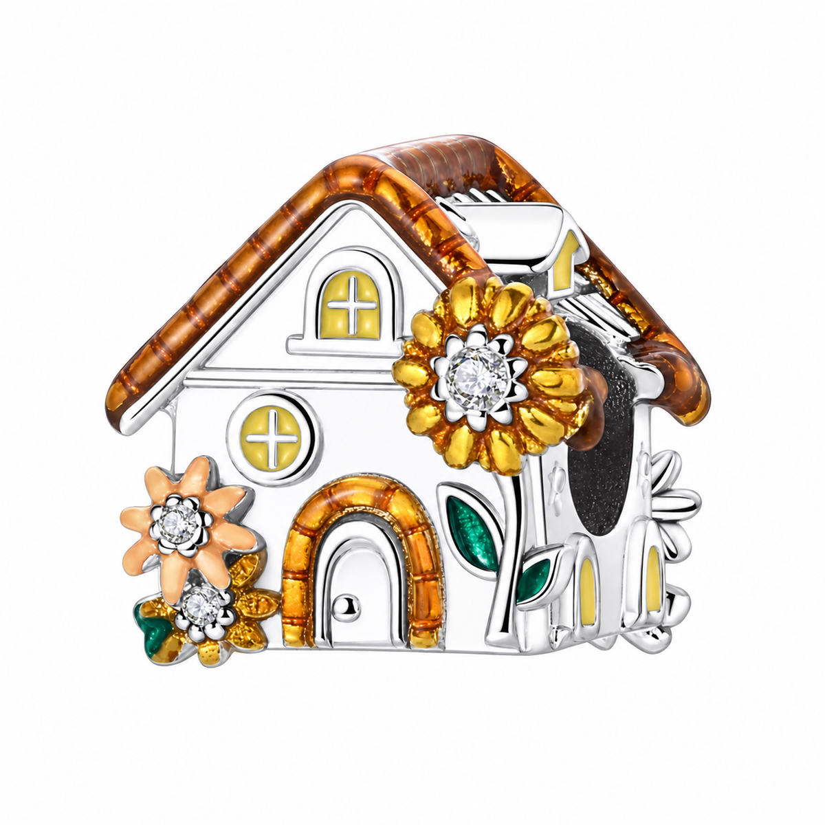 925 sterling silver sunshine cottage charm with yellow sunflowers golden roof green leaves and sparkling clear stones