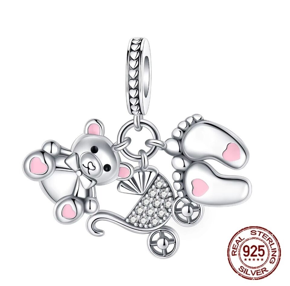 Baby Feet Pram & Teddy Bear Dangle Charm