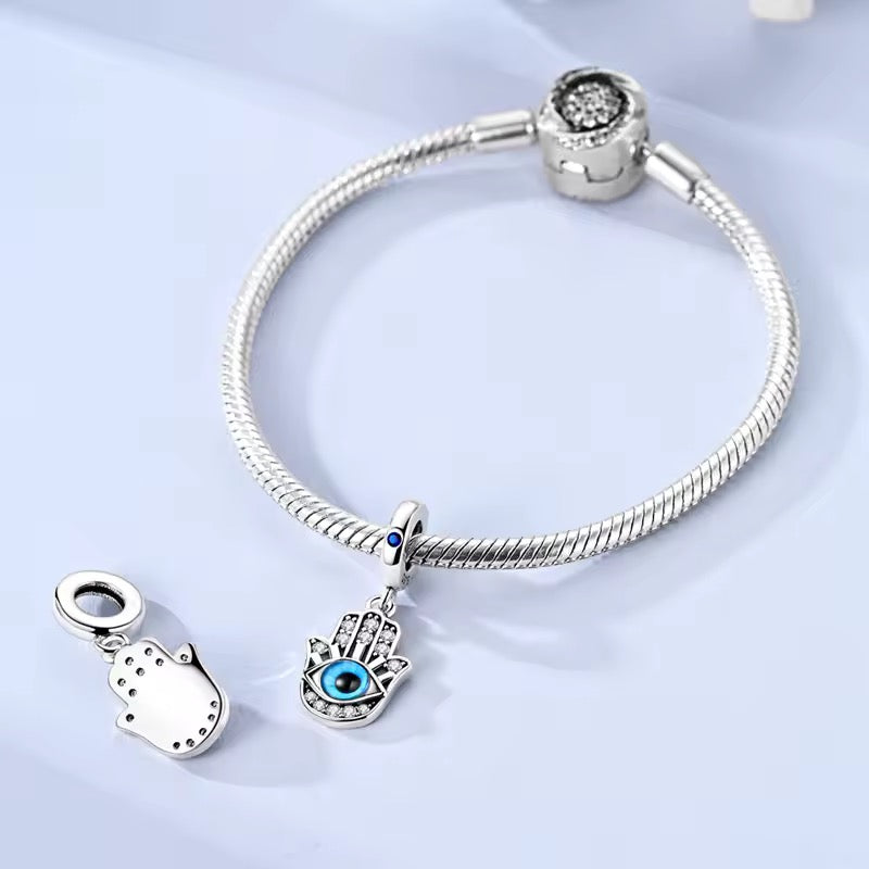 Blue Evil Eye Hamsa charm 925 sterling silver with clear zirconia protective dangle bead for bracelet jewelry