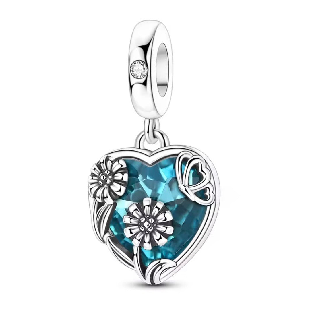 Blue heart flower charm 925 sterling silver with crystal butterfly floral jewelry bracelet gift accessory