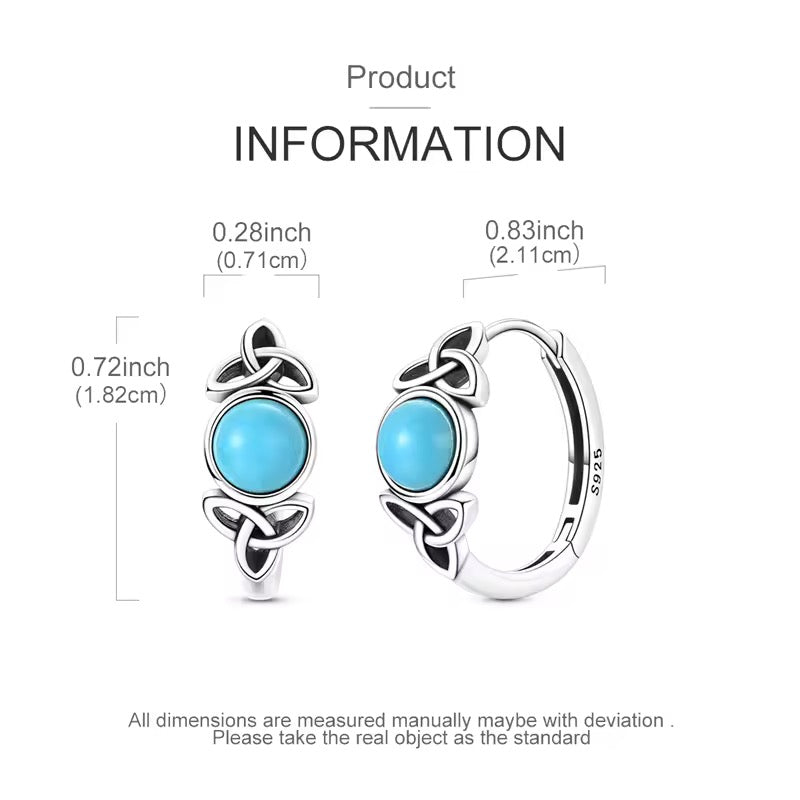 Pair of silver hoop earrings with turquoise stones and measurements on a white background