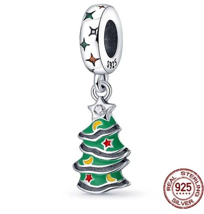 Christmas tree green dangle charm 925 sterling silver festive holiday bead jewelry gift accessor