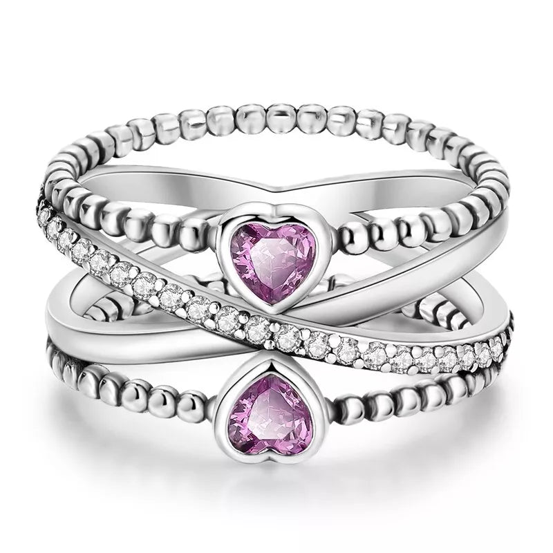Crossover Ring With Cubic Zirconia Pink Hearts