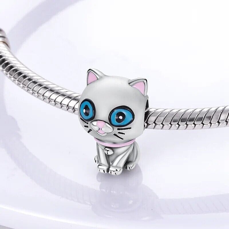 Cute big eyes cat charm 925 sterling silver adorable feline bead jewelry bracelet accessory gift