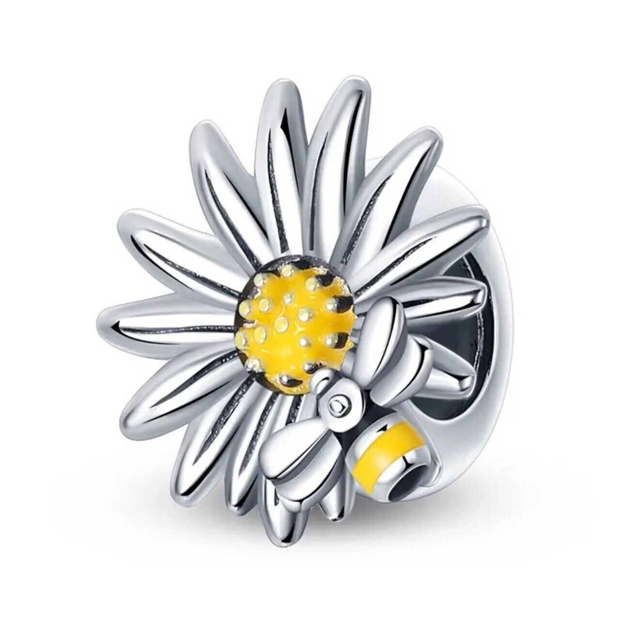 Daisy flower honey bee bead charm 925 sterling silver floral nature jewelry gift accessory