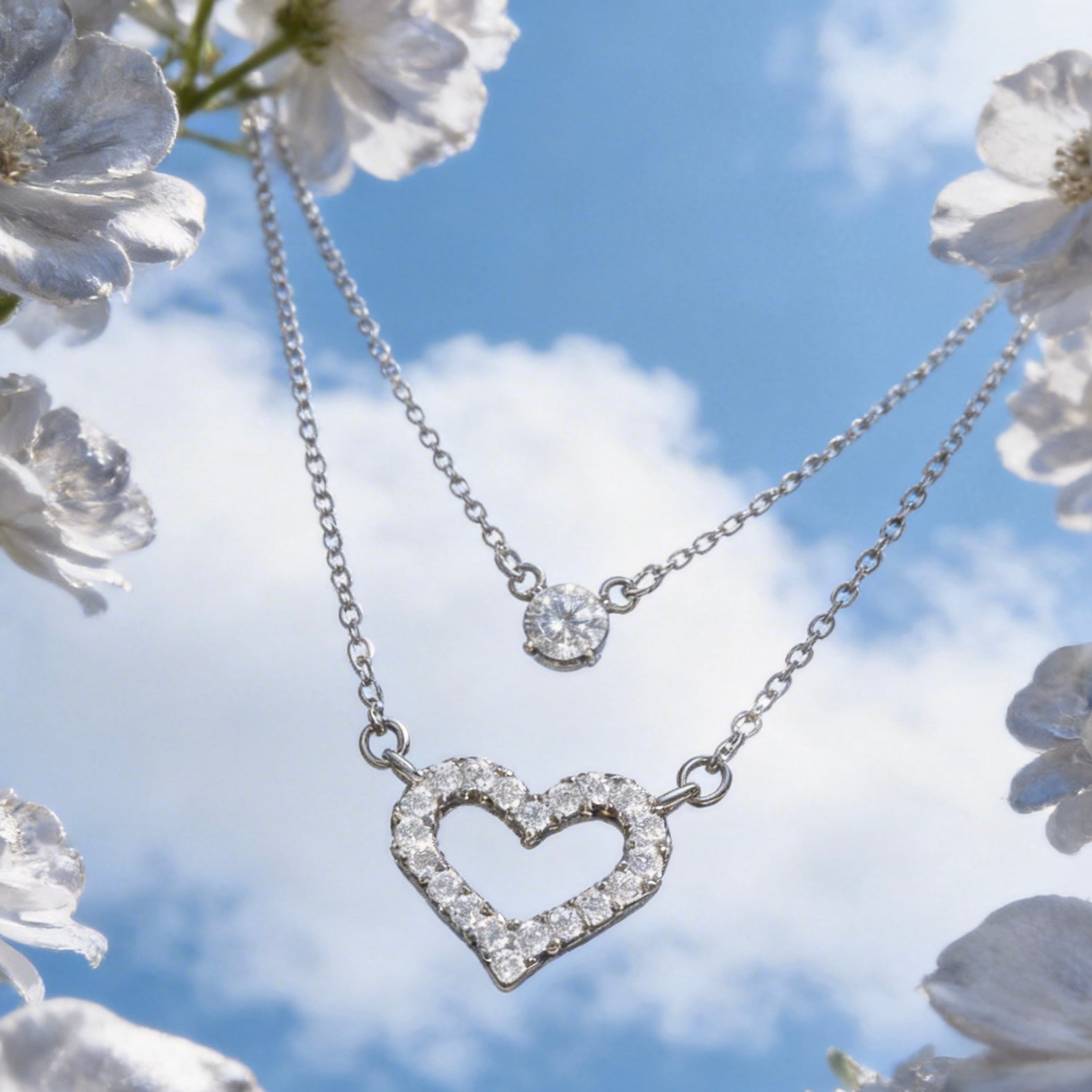 Double layer heart necklace sparkling pendant romantic jewelry elegant layered chain for women